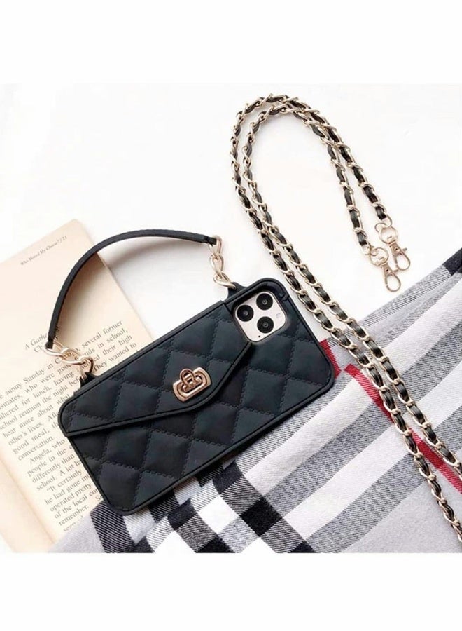 Phone Wallet Case Compatible for iPhone 12 Pro Max Light Luxury Bag Design Purse Flip Card Pouch Cover Soft Silicone with Handstrap Long Shoulder Strap Black  - Image 2