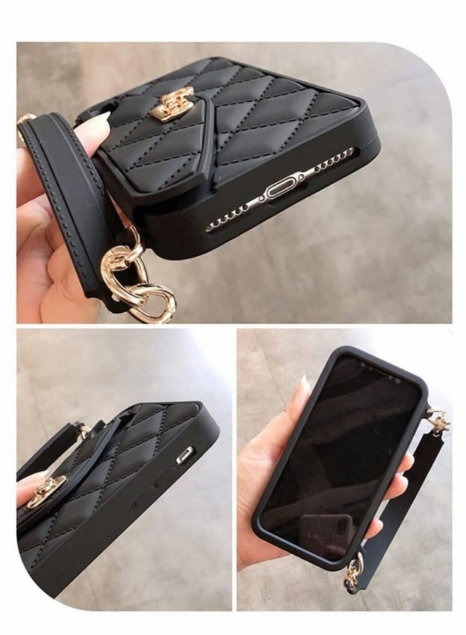 Phone Wallet Case Compatible for iPhone 12 Pro Max Light Luxury Bag Design Purse Flip Card Pouch Cover Soft Silicone with Handstrap Long Shoulder Strap Black  - Image 3