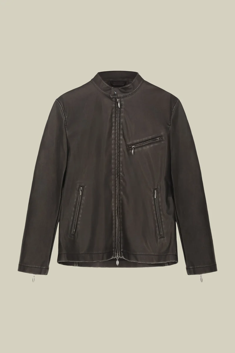 Doppelganger Men's faux leather biker jacket with Korean collar regular fit - Black