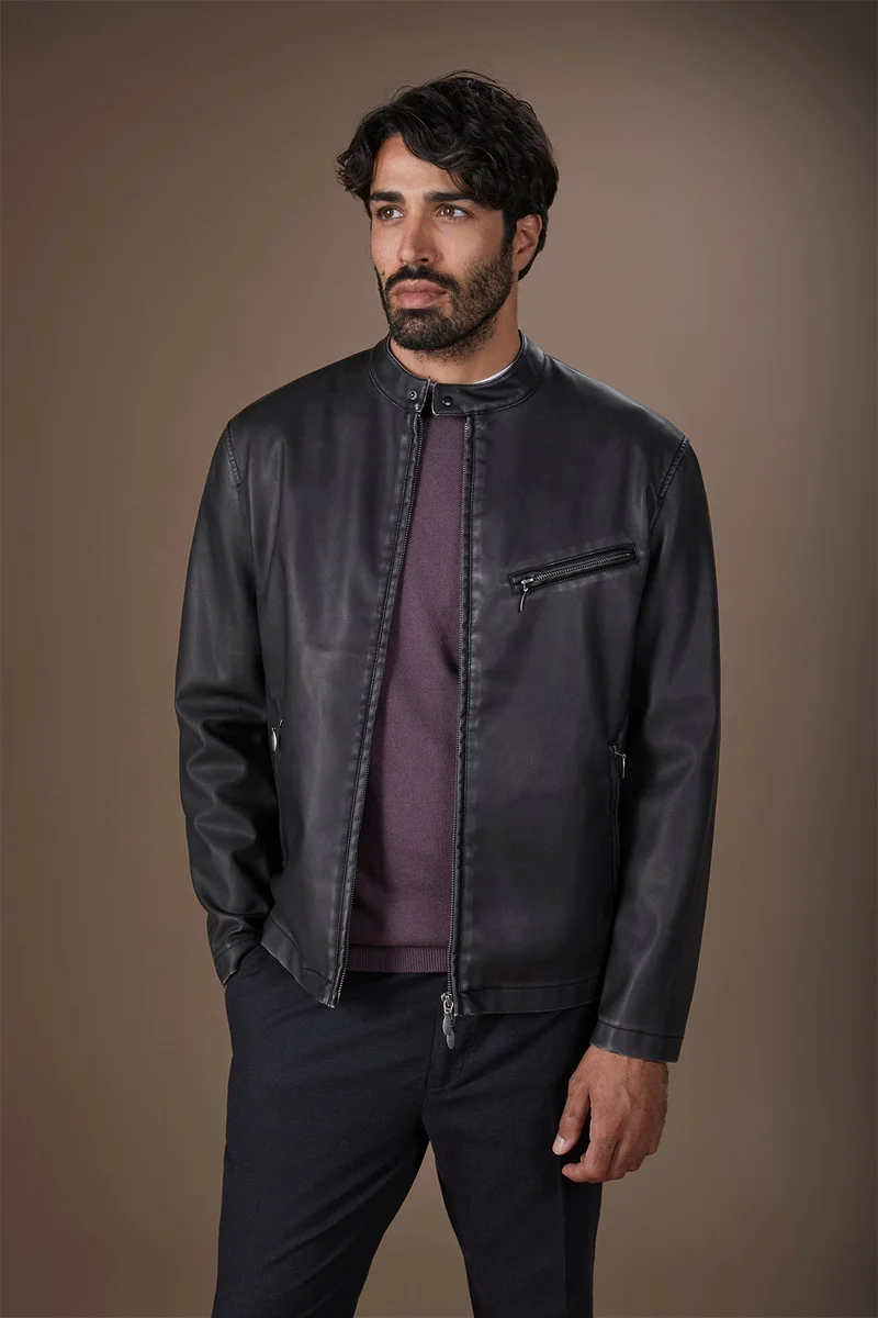 Doppelganger Men's faux leather biker jacket with Korean collar regular fit - Black