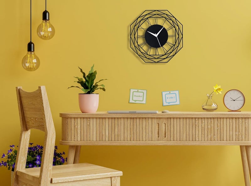 Dcloud Luxurious Octagon Metallic Wall Clock for Home and Kitchen 40 X 40 Cm Black Color Battery Included Analog - Image 2