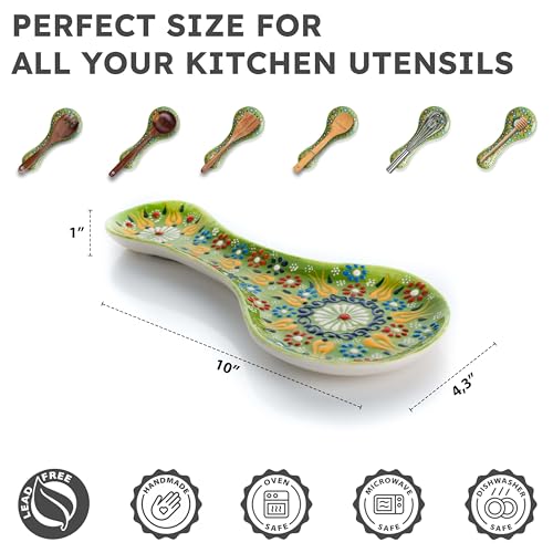 EVANILIFE Handmade Spoon Rest, Ceramic Spoon Rest for Stove Top, 10" Spoon Rest for Kitchen Counter, Dishwasher Safe Spoon Holder for Stove, Housewarming Gifts Utensil Rest, Colorful Spoon Rests (Lime Green) - Image 2