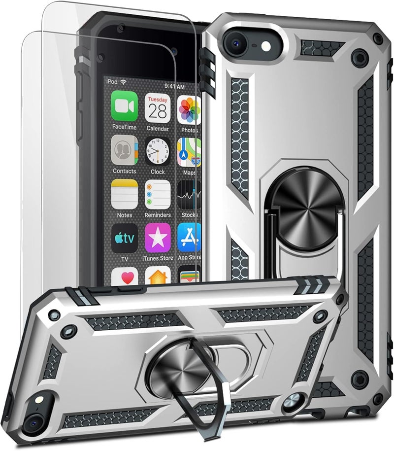 ULAK حافظة متوافقة مع iPod Touch 7/6/5 مع 2 واقي شاشة HD، غلاف هجين مقاوم للصدمات مع حامل مدمج لجهاز iPod Touch من الجيل 7/6/5 (فضي) - Image 1