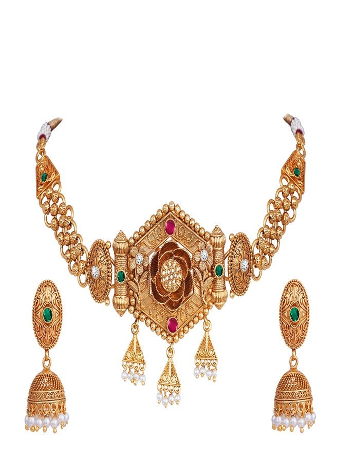 JFL - Jewellery for Less Latest Traditional floral Design Red and Green Stone Studded Choker Necklace with Earring for Women and Girls.,Valentine - Image 1