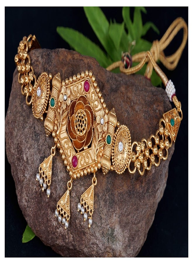 JFL - Jewellery for Less Latest Traditional floral Design Red and Green Stone Studded Choker Necklace with Earring for Women and Girls.,Valentine - Image 2