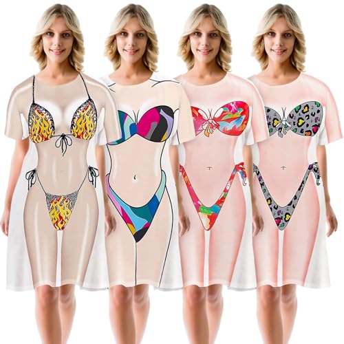 Halfchet 4 Pcs Funny Cover up Women's Bikini Shirt Cute Swimwear Cover up Beach T Shirt, XL Colorful - Image 1