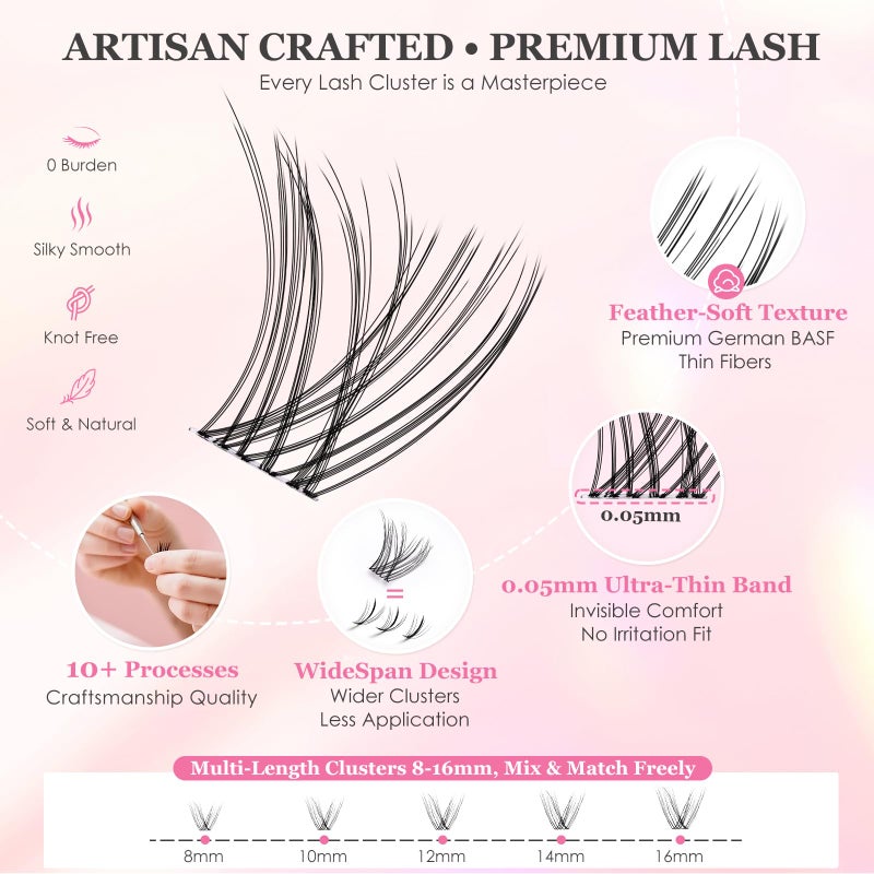 FayJoo Natural Wispy Soft Lash Clusters Kit with 0.05mm Invisible Band, C Curl 8-16mm, DIY Salon Eyelash Extensions with Bond Seal Remover Tweezer, FayJoo AIRY 11 Kit - Image 2