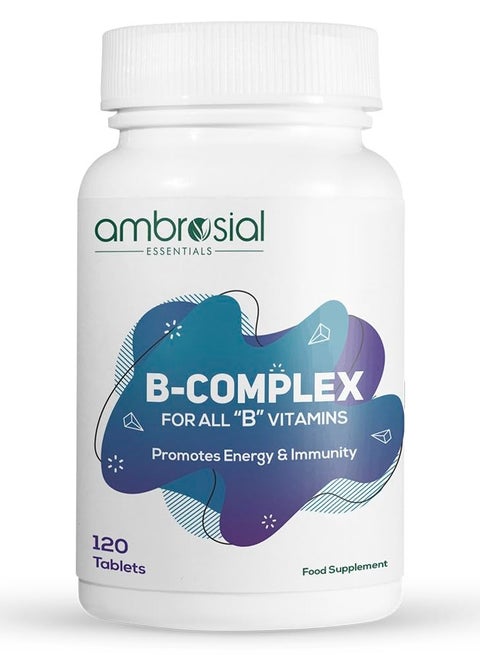Ambrosial B-Complex Tablets with Vitamin B1, B2, B3, B5, B6, B9, B12 & Biotin | Complete B-Vitamin Supplement | 120 Vegetarian Tablets
