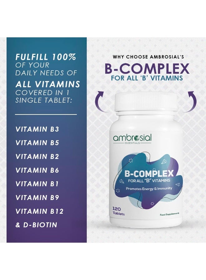 Ambrosial B-Complex Tablets with Vitamin B1, B2, B3, B5, B6, B9, B12 & Biotin | Complete B-Vitamin Supplement | 120 Vegetarian Tablets - Image 3