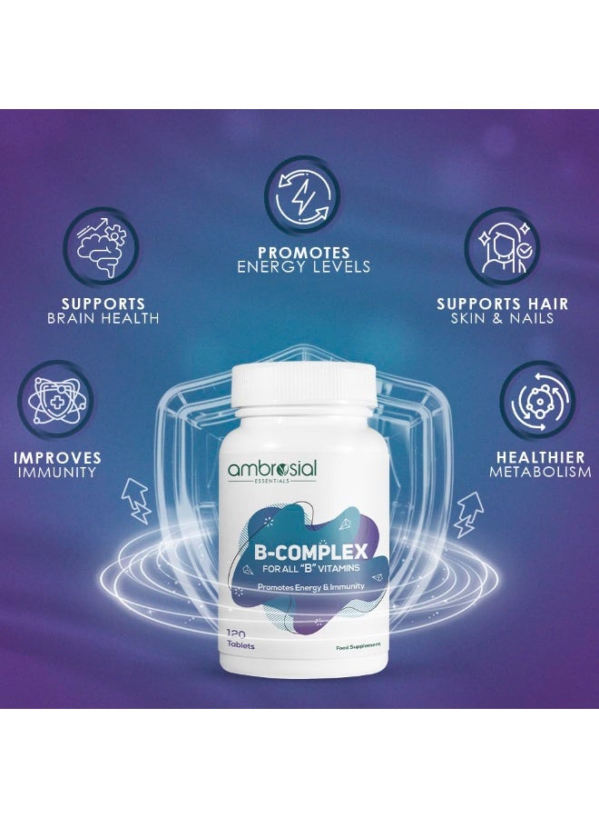 Ambrosial B-Complex Tablets with Vitamin B1, B2, B3, B5, B6, B9, B12 & Biotin | Complete B-Vitamin Supplement | 120 Vegetarian Tablets - Image 2