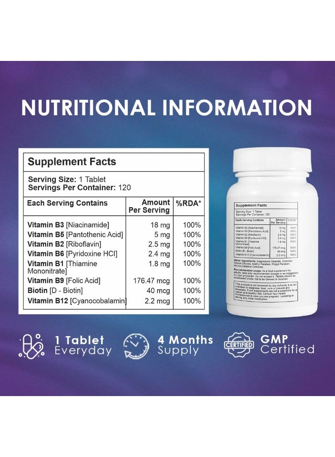 Ambrosial B-Complex Tablets with Vitamin B1, B2, B3, B5, B6, B9, B12 & Biotin | Complete B-Vitamin Supplement | 120 Vegetarian Tablets - Image 4