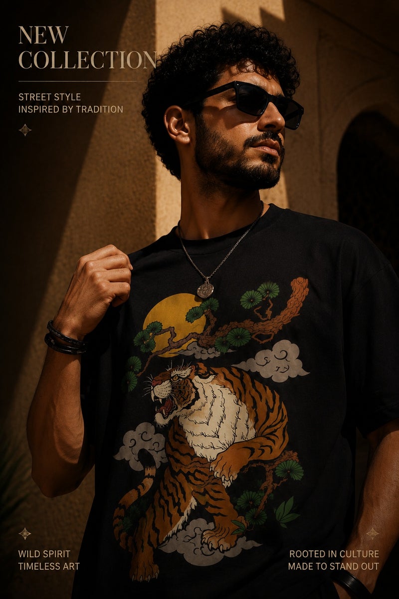 Men's Oversized Black Tiger Graphic T-Shirt Casual Short Sleeve Crew Neck Streetwear Tee - Image 1