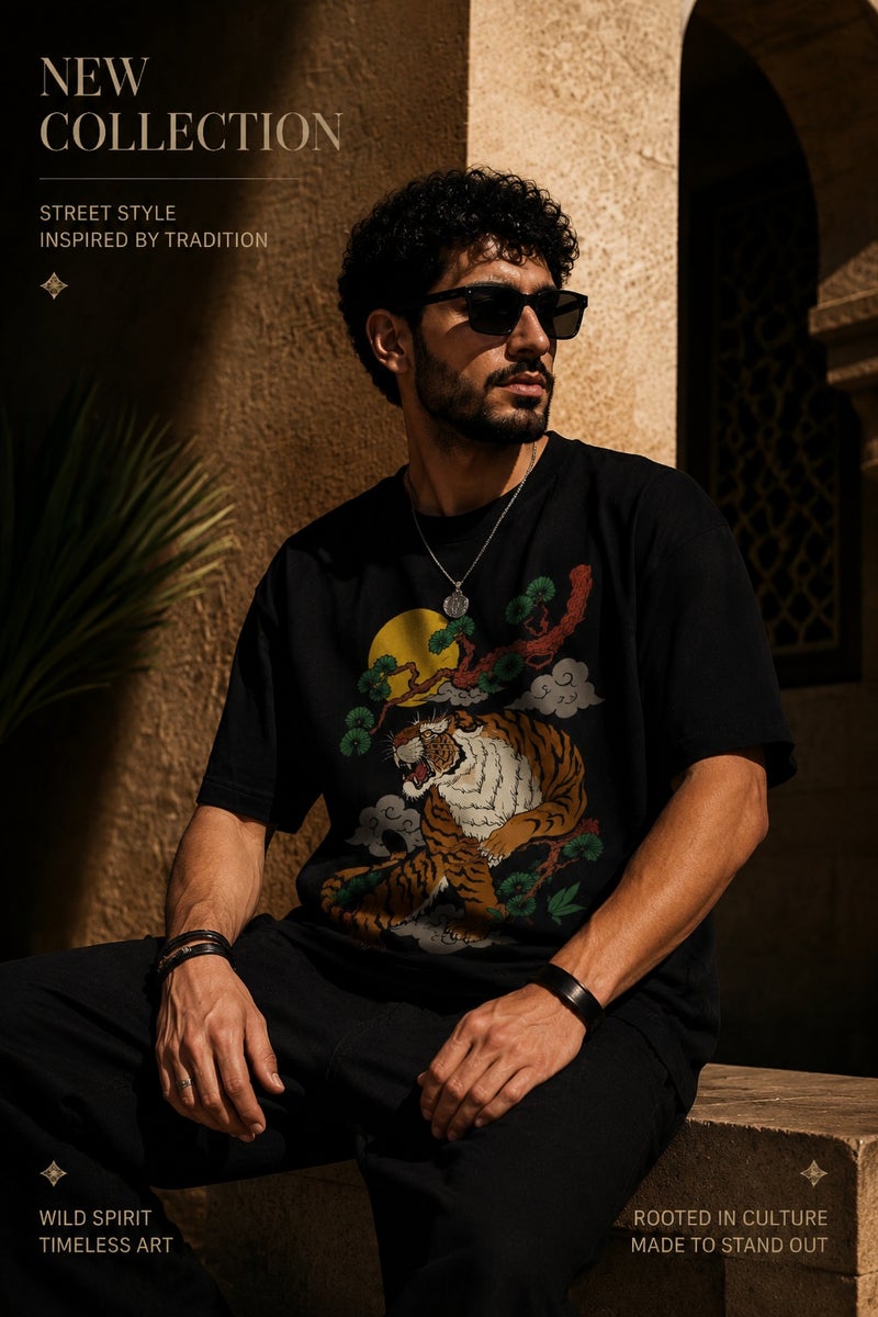 Men's Oversized Black Tiger Graphic T-Shirt Casual Short Sleeve Crew Neck Streetwear Tee - Image 4