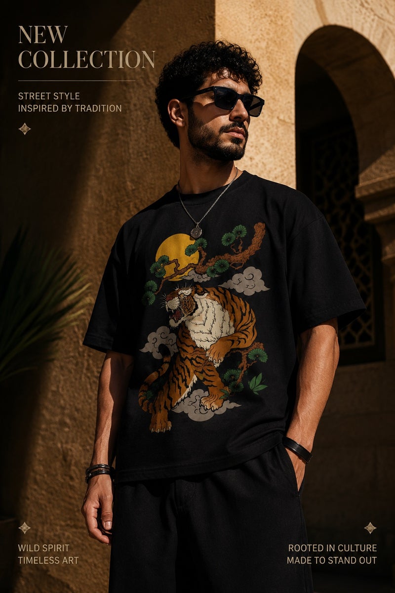 Men's Oversized Black Tiger Graphic T-Shirt Casual Short Sleeve Crew Neck Streetwear Tee - Image 5