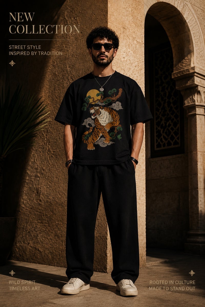 Men's Oversized Black Tiger Graphic T-Shirt Casual Short Sleeve Crew Neck Streetwear Tee - Image 2