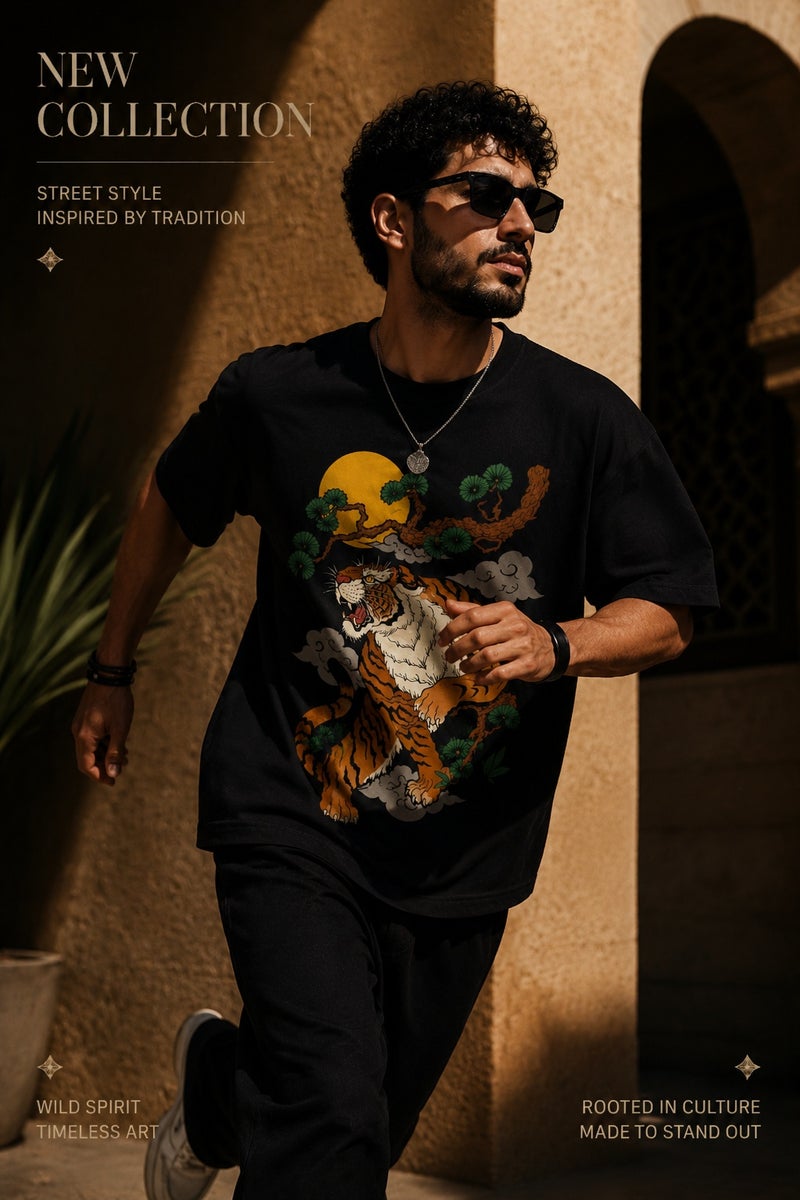 Men's Oversized Black Tiger Graphic T-Shirt Casual Short Sleeve Crew Neck Streetwear Tee - Image 3