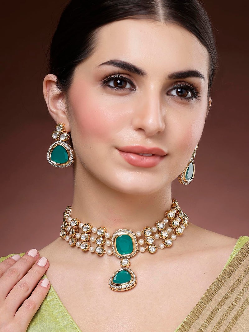 Karatcart Green Polki Kundan Choker Necklace Set for Women - Image 2