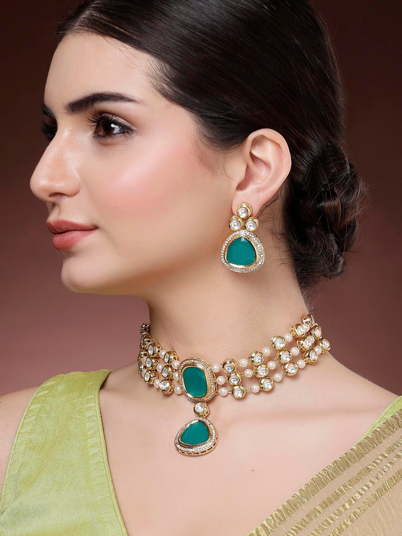 Karatcart Green Polki Kundan Choker Necklace Set for Women - Image 3