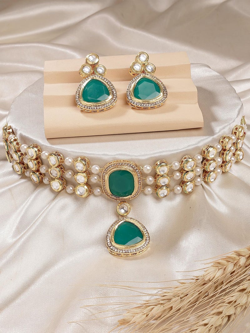 Karatcart Green Polki Kundan Choker Necklace Set for Women - Image 4
