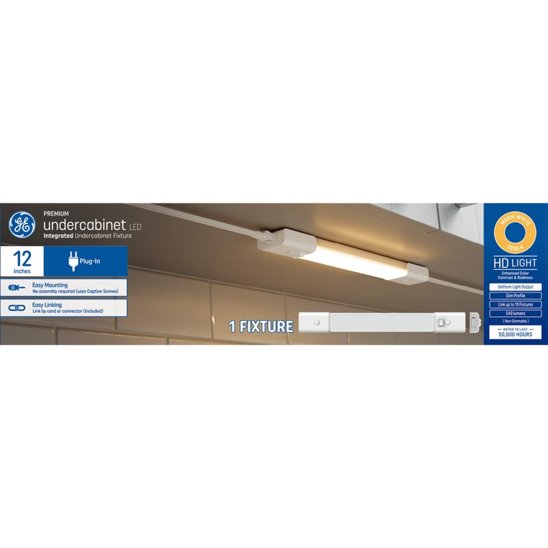 GE LED HD Undercabinet Light Fixture Linkable Integrated Slim Profile Fixture for Kitchens Warm White Color Plugin 12in 1 Pack