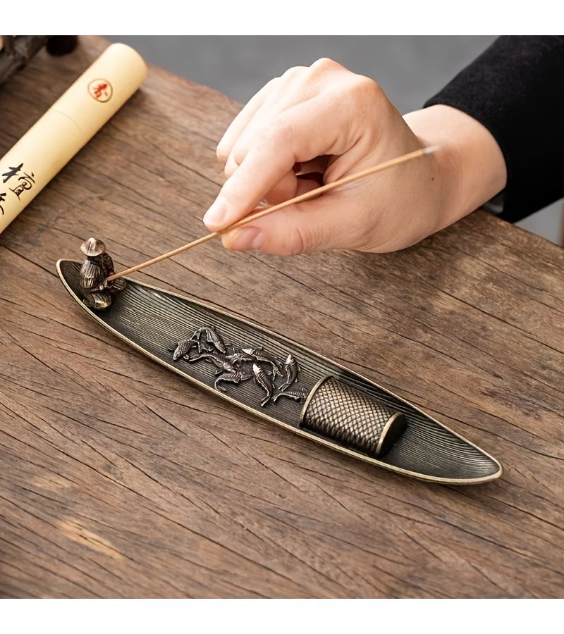 2 Pack Zinc Alloy Boat Shape Incense Holder Set With Plum Blossom Design - Image 4