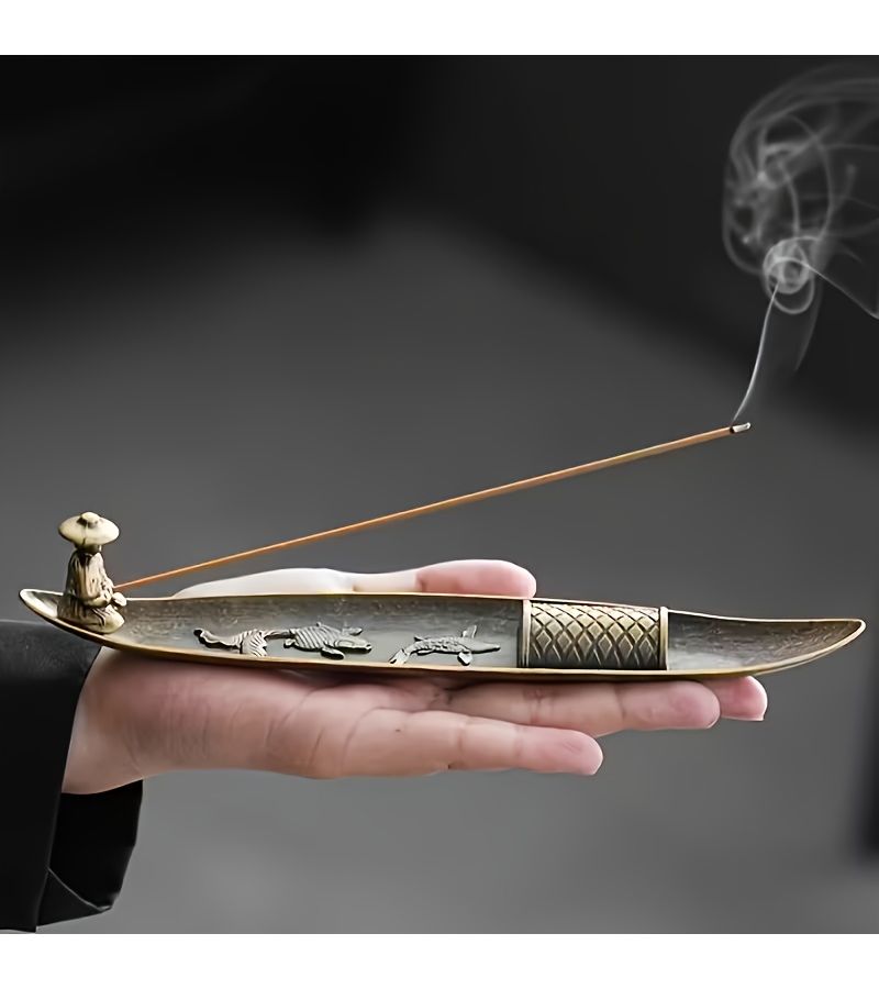 2 Pack Zinc Alloy Boat Shape Incense Holder Set With Plum Blossom Design - Image 2