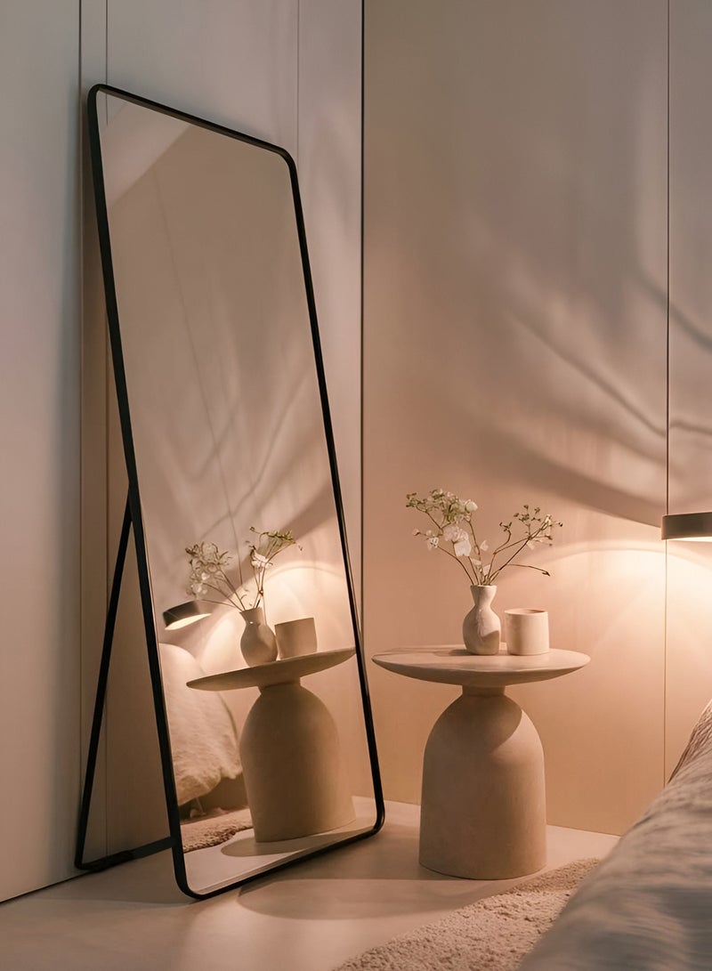 تايمي مرآة مستطيلة الشكل مقاس 160×50 سم بحواف دائرية، مرآة كاملة الطول مع حامل وإطار معدني، مرآة أرضية، مرآة حائط معلقة أو مائلة لغرفة المعيشة، غرفة النوم، المدخل، أسود - Image 2