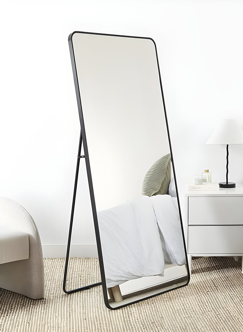 تايمي مرآة مستطيلة الشكل مقاس 160×50 سم بحواف دائرية، مرآة كاملة الطول مع حامل وإطار معدني، مرآة أرضية، مرآة حائط معلقة أو مائلة لغرفة المعيشة، غرفة النوم، المدخل، أسود - Image 3
