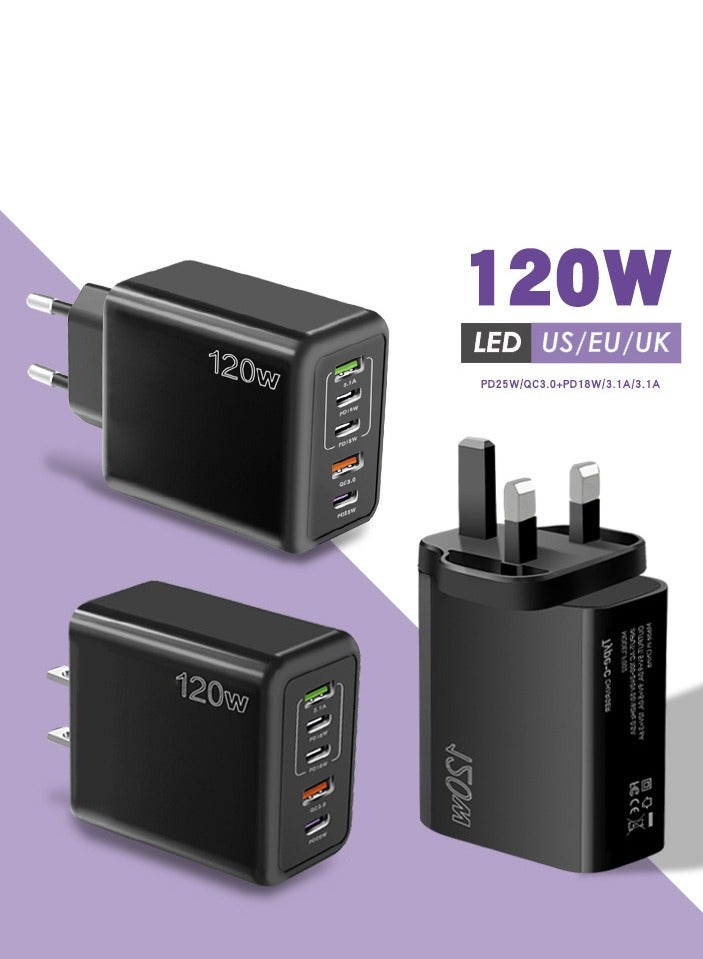 120W UK 5 Ports Multifunctional Super Fast Charging Adapter Mobile Phone Charger Travel Power Adapter Black - Image 2