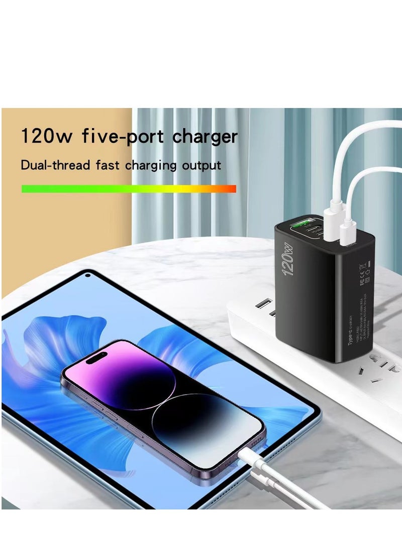 120W UK 5 Ports Multifunctional Super Fast Charging Adapter Mobile Phone Charger Travel Power Adapter Black - Image 5
