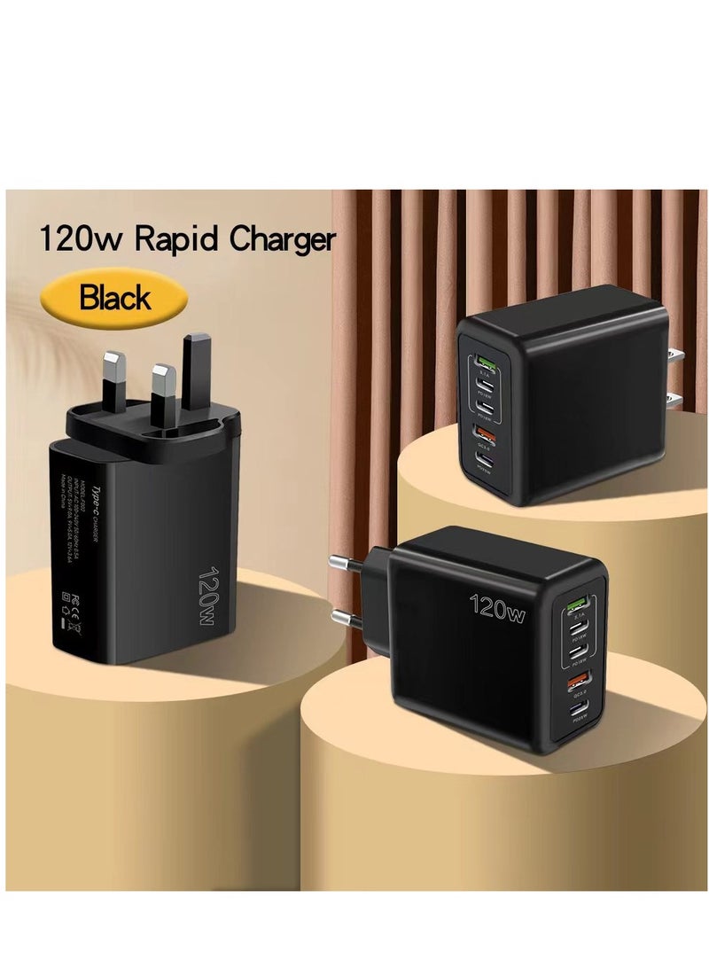 120W UK 5 Ports Multifunctional Super Fast Charging Adapter Mobile Phone Charger Travel Power Adapter Black - Image 3