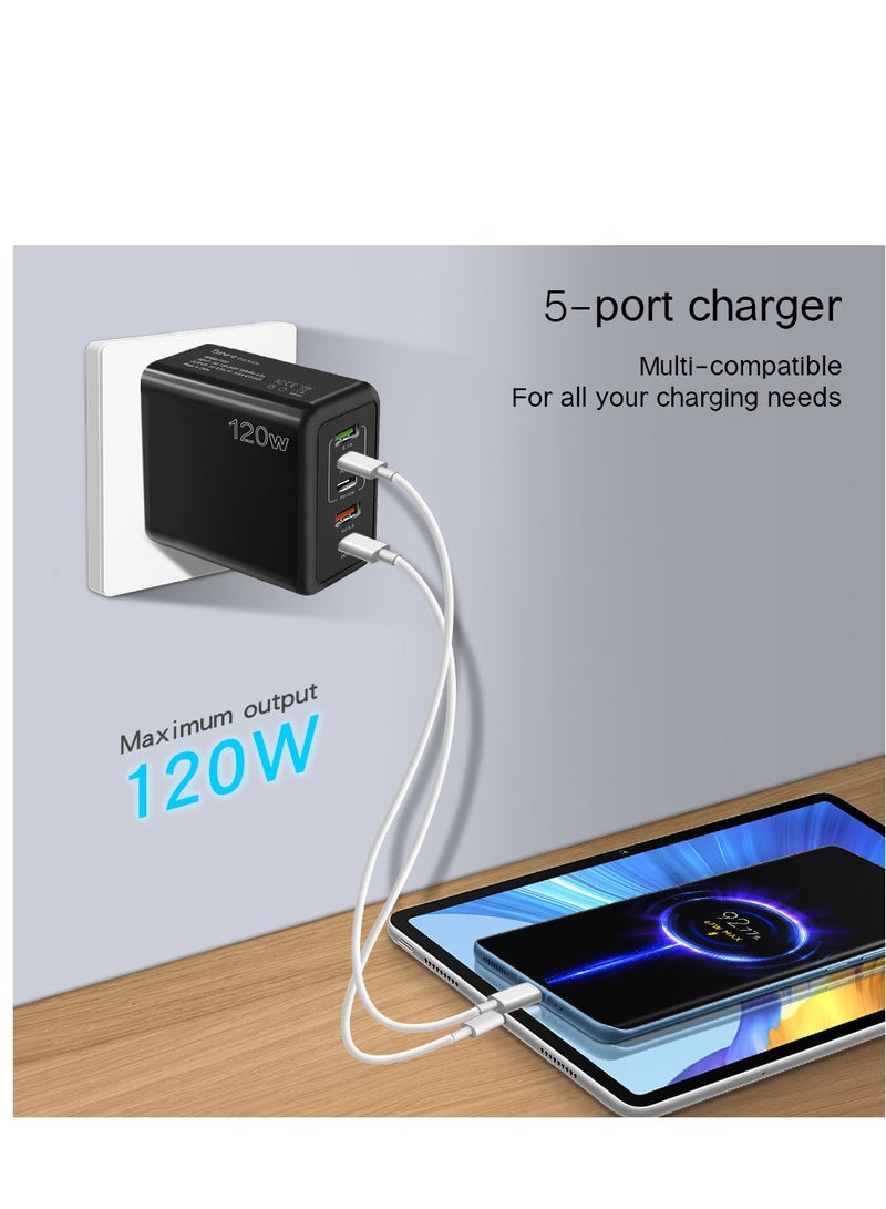 120W UK 5 Ports Multifunctional Super Fast Charging Adapter Mobile Phone Charger Travel Power Adapter Black - Image 4
