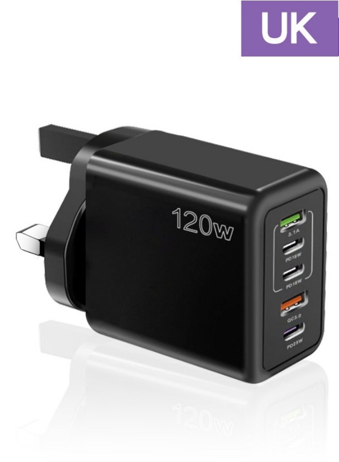 120W UK 5 Ports Multifunctional Super Fast Charging Adapter Mobile Phone Charger Travel Power Adapter Black - Image 1
