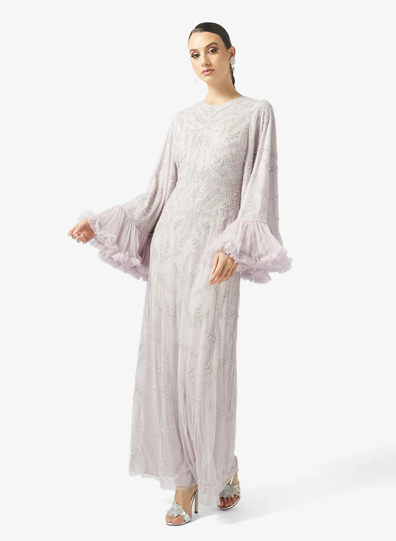 Embroidered Ruffle Sleeve Maxi Dress