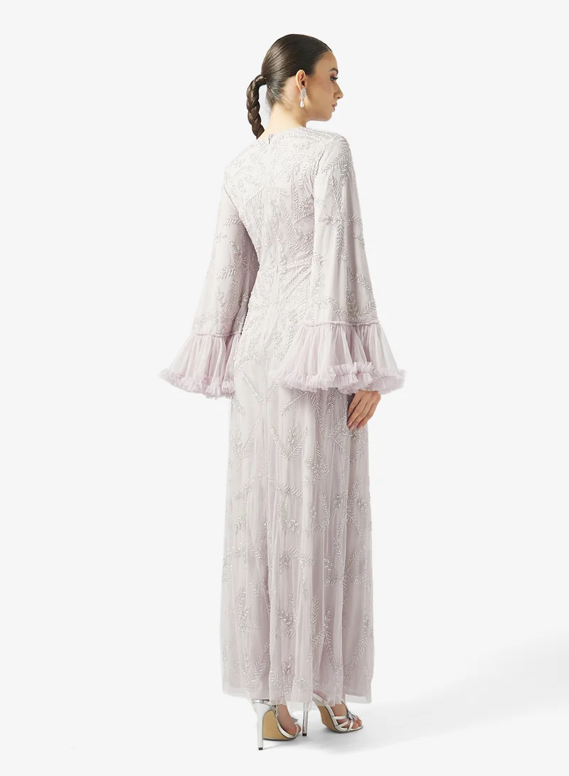 MARYISA Embroidered Ruffle Sleeve Maxi Dress