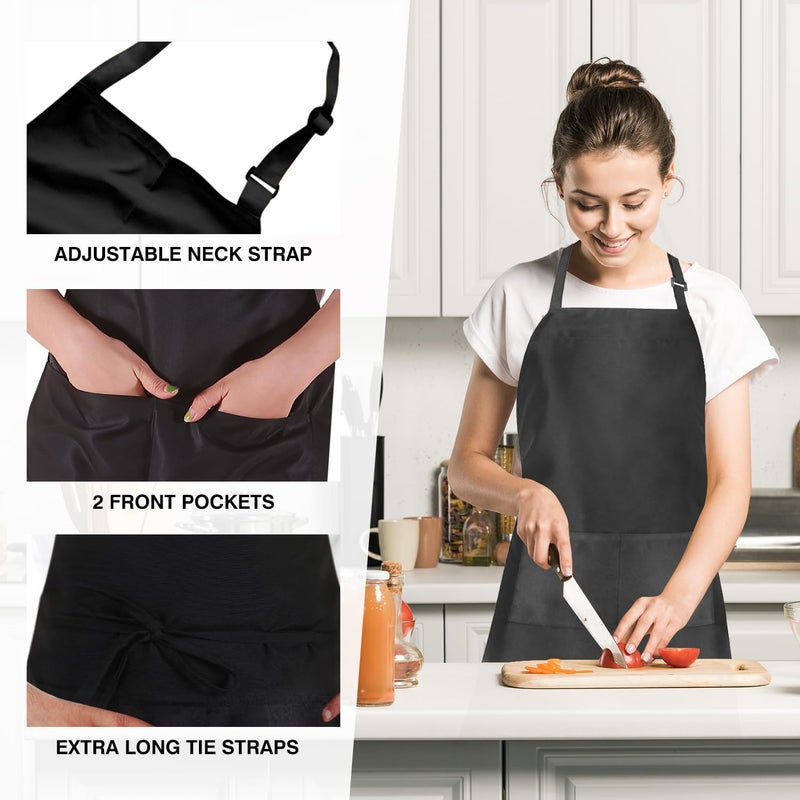 Nymmoata 2 Pack Black Kitchen Aprons: Chef Cooking Bid Apron for Adults Women & Men with Pockets - Adjustable Smock Aprons for BBQ Grilling Painting Artist Servers Baking Crafts(Black, 2 Pack) - Image 4