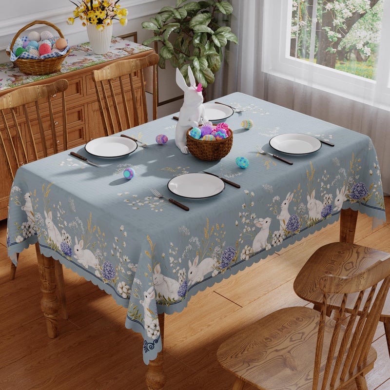 Siilues Easter Tablecloth Rectangle 60x84 Inch, Washable Blue Floral Bunny Easter Table Cloth Seasonal Spring Waterproof Scalloped Edge Fabric Home Party Picnic Dining Table Cover Decorations - Image 3