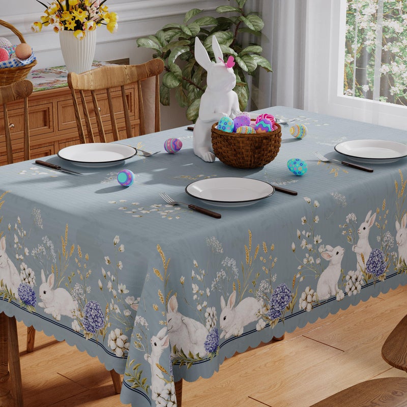 Siilues Easter Tablecloth Rectangle 60x84 Inch, Washable Blue Floral Bunny Easter Table Cloth Seasonal Spring Waterproof Scalloped Edge Fabric Home Party Picnic Dining Table Cover Decorations - Image 1