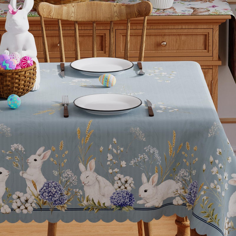 Siilues Easter Tablecloth Rectangle 60x84 Inch, Washable Blue Floral Bunny Easter Table Cloth Seasonal Spring Waterproof Scalloped Edge Fabric Home Party Picnic Dining Table Cover Decorations - Image 2
