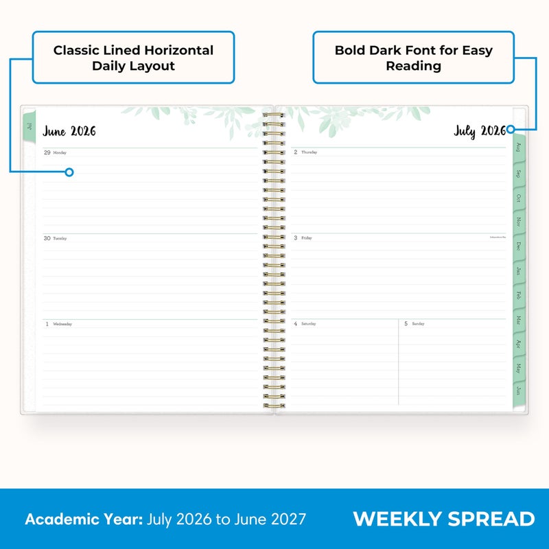 Blue Sky 2026-2027 Weekly and Monthly Academic Year Planner Calendar, July 2026 - June 2027, 8.5" x 11", Flexible Cover, Wirebound, Laminated Tabs, Storage Pocket, Laurel - Image 3