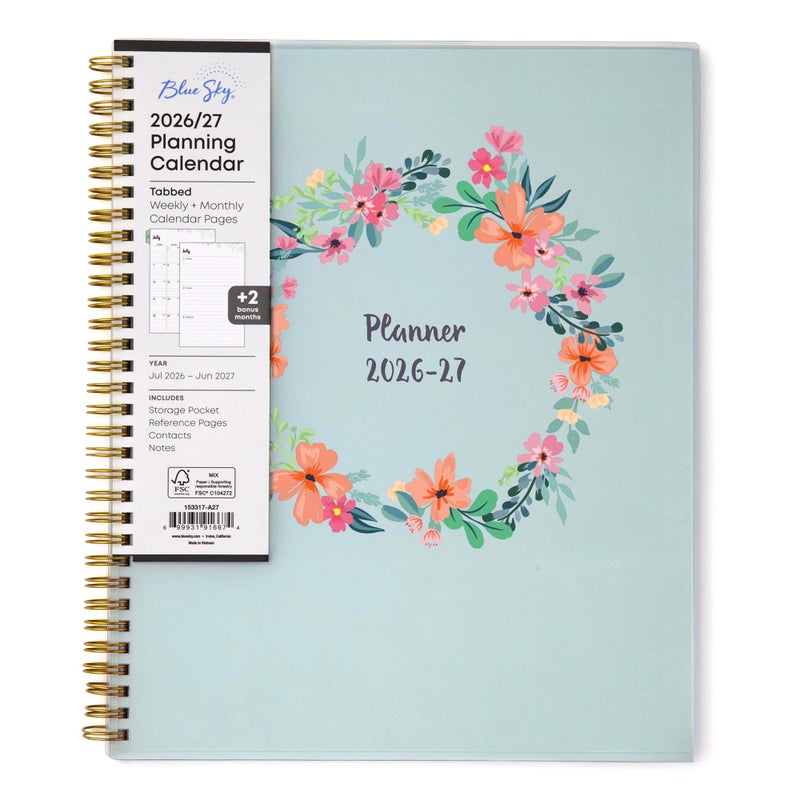 Blue Sky 2026-2027 Weekly and Monthly Academic Year Planner Calendar, July 2026 - June 2027, 8.5" x 11", Flexible Cover, Wirebound, Laminated Tabs, Storage Pocket, Laurel - Image 1