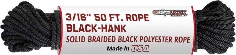 Rope Ratchet 3/16" 50 ft Braided Polypropylene Utility Cord, Weather Resistant Indoor Outdoor for Gardening, DIY Projects, Securing Loads, Binding, Knot Tying, Tarp Use, 110 lb Capacity - Black - Image 1