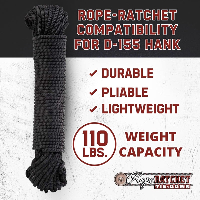 Rope Ratchet 3/16" 50 ft Braided Polypropylene Utility Cord, Weather Resistant Indoor Outdoor for Gardening, DIY Projects, Securing Loads, Binding, Knot Tying, Tarp Use, 110 lb Capacity - Black - Image 4