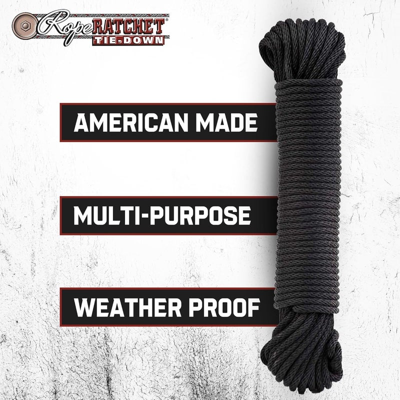 Rope Ratchet 3/16" 50 ft Braided Polypropylene Utility Cord, Weather Resistant Indoor Outdoor for Gardening, DIY Projects, Securing Loads, Binding, Knot Tying, Tarp Use, 110 lb Capacity - Black - Image 3