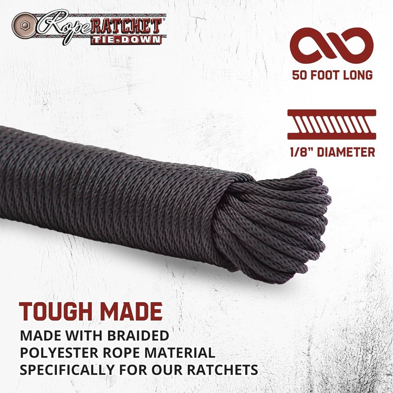 Rope Ratchet 3/16" 50 ft Braided Polypropylene Utility Cord, Weather Resistant Indoor Outdoor for Gardening, DIY Projects, Securing Loads, Binding, Knot Tying, Tarp Use, 110 lb Capacity - Black - Image 2