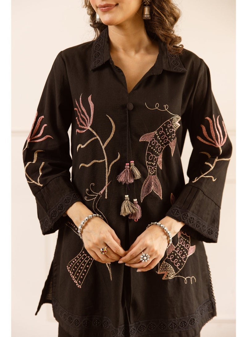 PRIYA’S PANACHE Black Cotton Flex Embroidered Co-ord Set for Women | 2 Piece Kurta Pant Set | Ethnic Indian Wear | Casual & Smart Casual Wear | Stylish Co-ord Set - Image 3