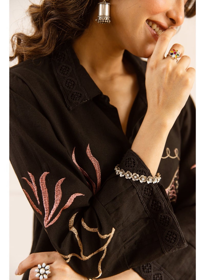 PRIYA’S PANACHE Black Cotton Flex Embroidered Co-ord Set for Women | 2 Piece Kurta Pant Set | Ethnic Indian Wear | Casual & Smart Casual Wear | Stylish Co-ord Set - Image 4