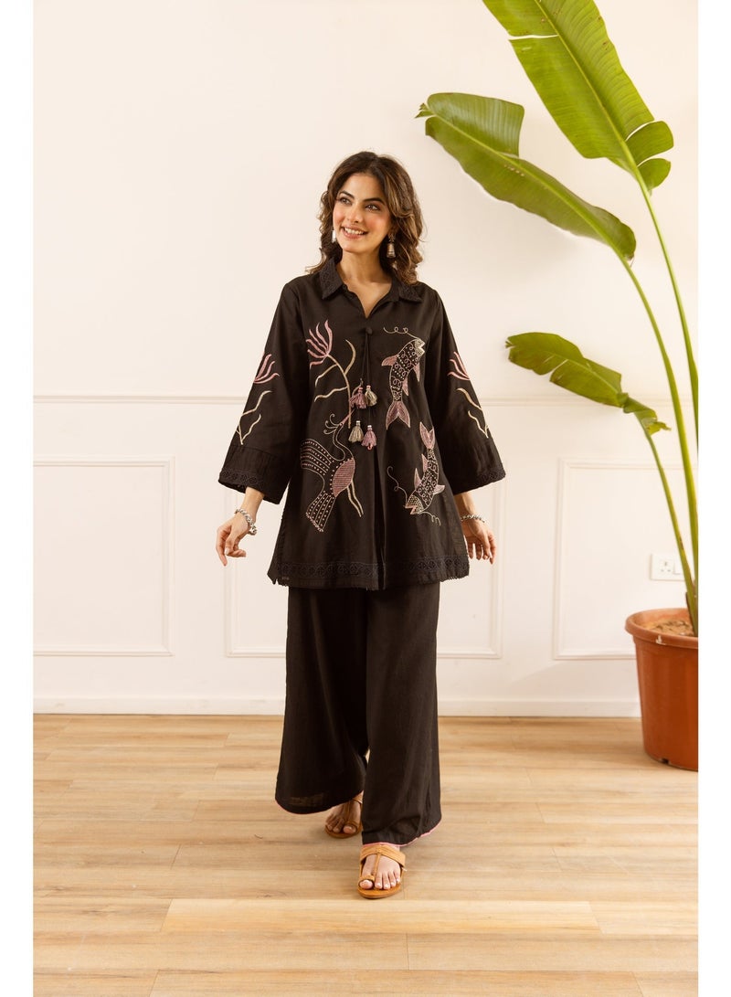 PRIYA’S PANACHE Black Cotton Flex Embroidered Co-ord Set for Women | 2 Piece Kurta Pant Set | Ethnic Indian Wear | Casual & Smart Casual Wear | Stylish Co-ord Set - Image 1