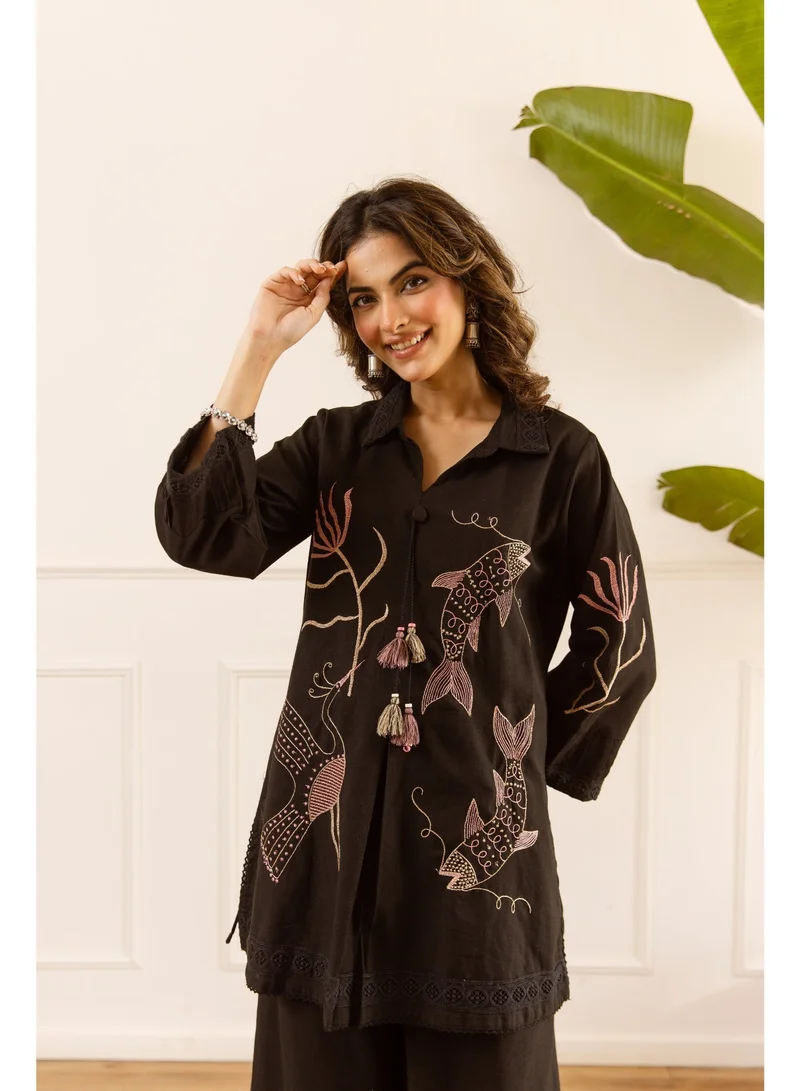 PRIYA’S PANACHE Black Cotton Flex Embroidered Co-ord Set for Women | 2 Piece Kurta Pant Set | Ethnic Indian Wear | Casual & Smart Casual Wear | Stylish Co-ord Set