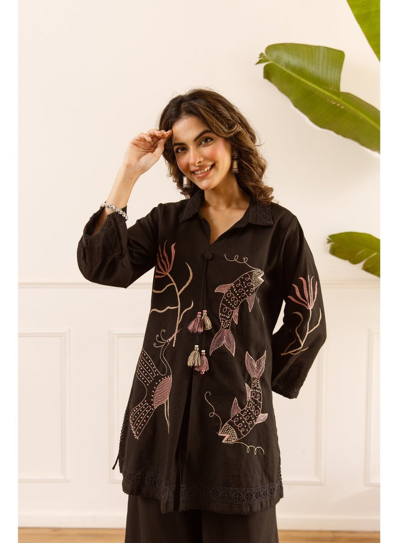PRIYA’S PANACHE Black Cotton Flex Embroidered Co-ord Set for Women | 2 Piece Kurta Pant Set | Ethnic Indian Wear | Casual & Smart Casual Wear | Stylish Co-ord Set - Image 2